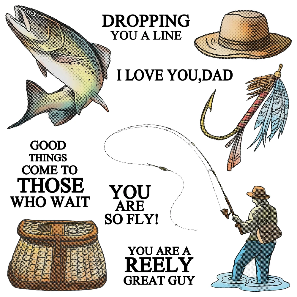 

Mangocraft Summer Fishing Father Cutting Dies And Clear Stamp DIY Scrapbooking Metal Dies Silicone Stamps For Cards Albums Decor
