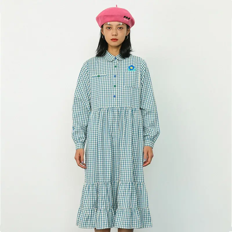 

Женское весеннее платье-рубашка Bebobsons, зеленое клетчатое хлопковое осеннее авангардное женское платье свободного кроя с длинными рукавами и Индийским дизайном
