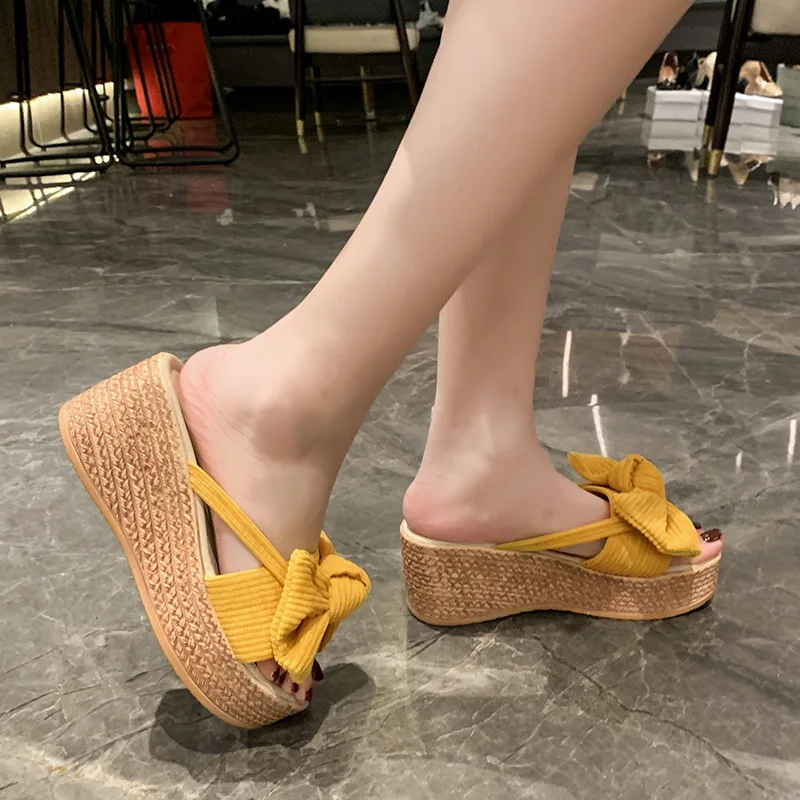 

Shoes Women Flock Slippers Casual Butterfly-Knot Pantofle Low Platform Slides On A Wedge Rubber Flip Flops Soft Luxury 2023 Sum