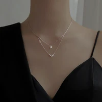 fashion 925 sterling silver double layer necklace simple v pendant clavicle chain shiny zircon necklace womens wedding jewelry