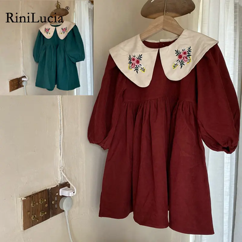 

RiniLucia Fashion Kids Clothes Girl Embroidery Lapel Long Sleeve Dress Children Princess Dresses Baby Girls Clothing Outfits