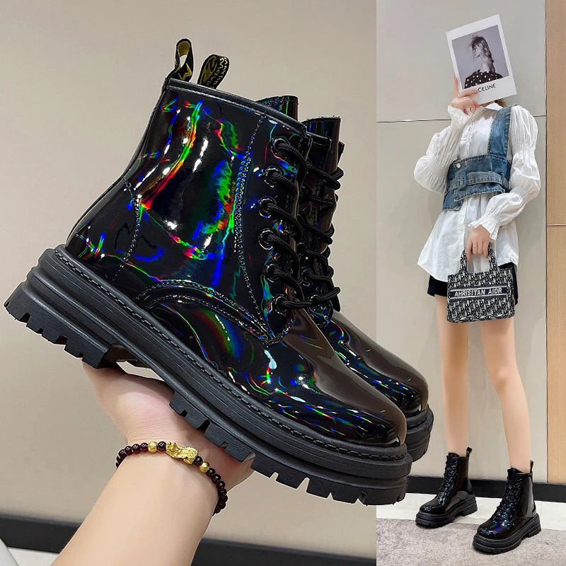 

Autumn Fashion Reflective Color Leather 2022 New Fashion Temperament Ankle Boots Lace Up Neon Lights Party Shining Women Shoes