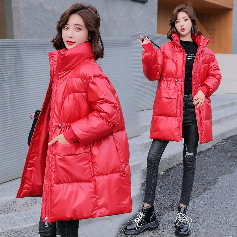Winter Parkas Bright Cotton Jacket Women's Mid-Length Down Padded Jacket Loose Coat Thick Warm Female Outerwear Snow Coats 2022