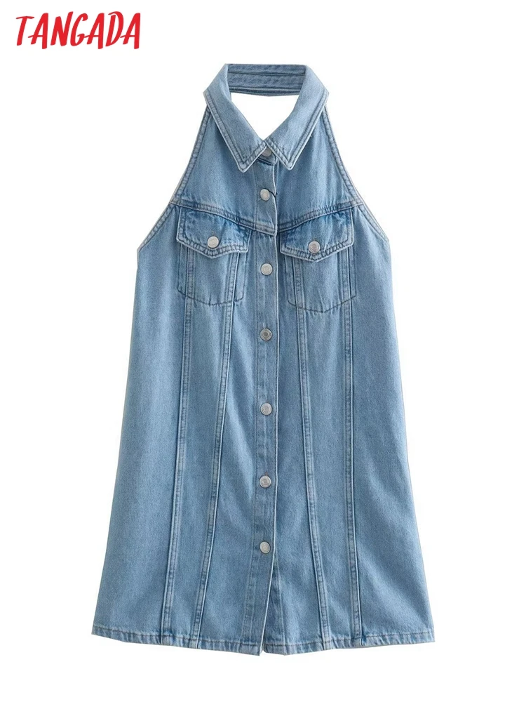 

Платье женское джинсовое с лямкой на шее, без рукавов