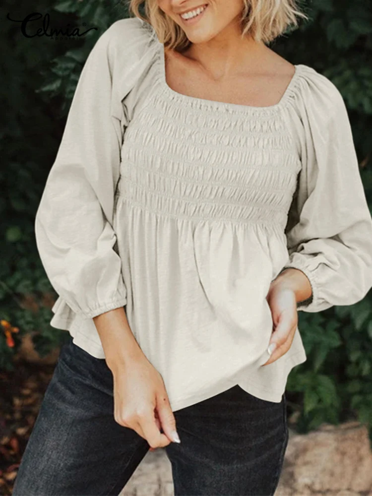 

Celmia Fashion Solid Holiday Tunics Puff Long Sleeves Blouse 2022 Summer Casual Pleats Square Collar Tops All-match Flare Shirts