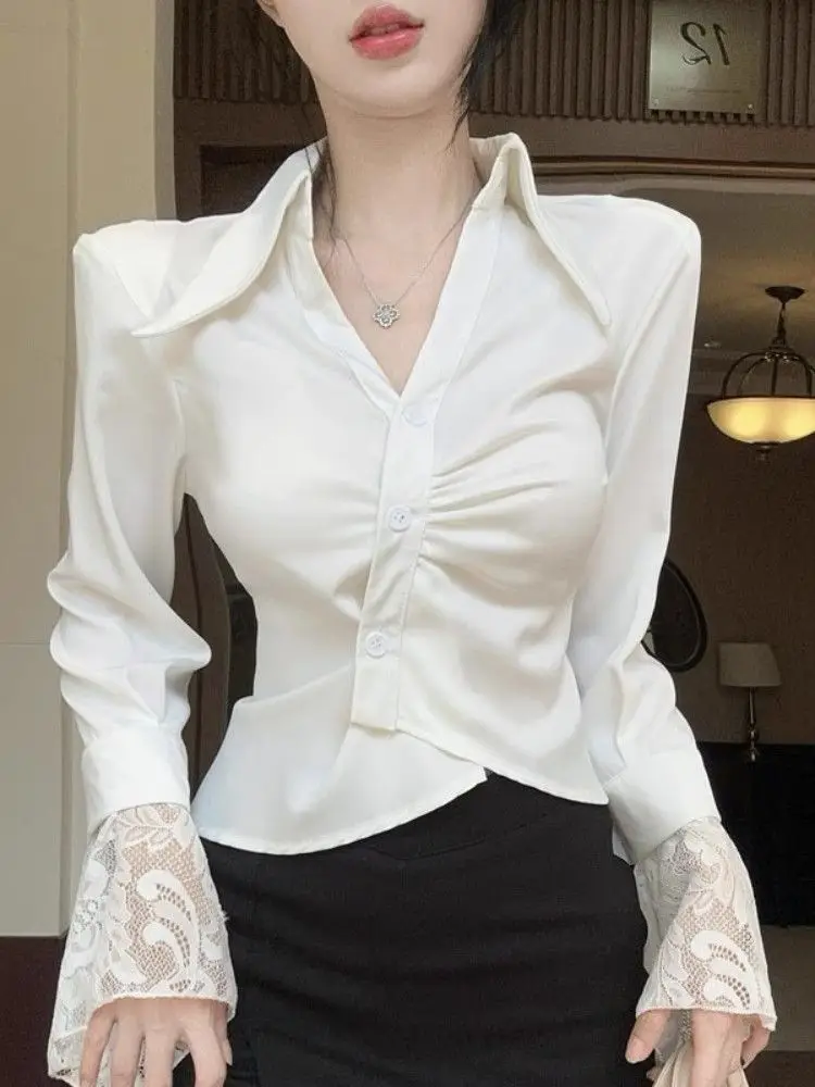 Женская рубашка с рукавом-фонариком однотонная Модная полуоткрытым воротником в