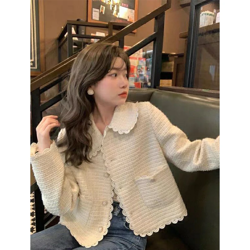 

MEXZT Elegant Cropped Tweed Jackets Women Sweet Lace Patchwork Short Coat Vintage Korean Peter Pan Collar Casual Outerwear Tops