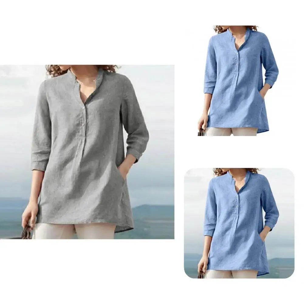 

Basic Shirt 3/4 Sleeve Female Patchwork Pure Color Long Shirt Women Shirt for Daily Wear