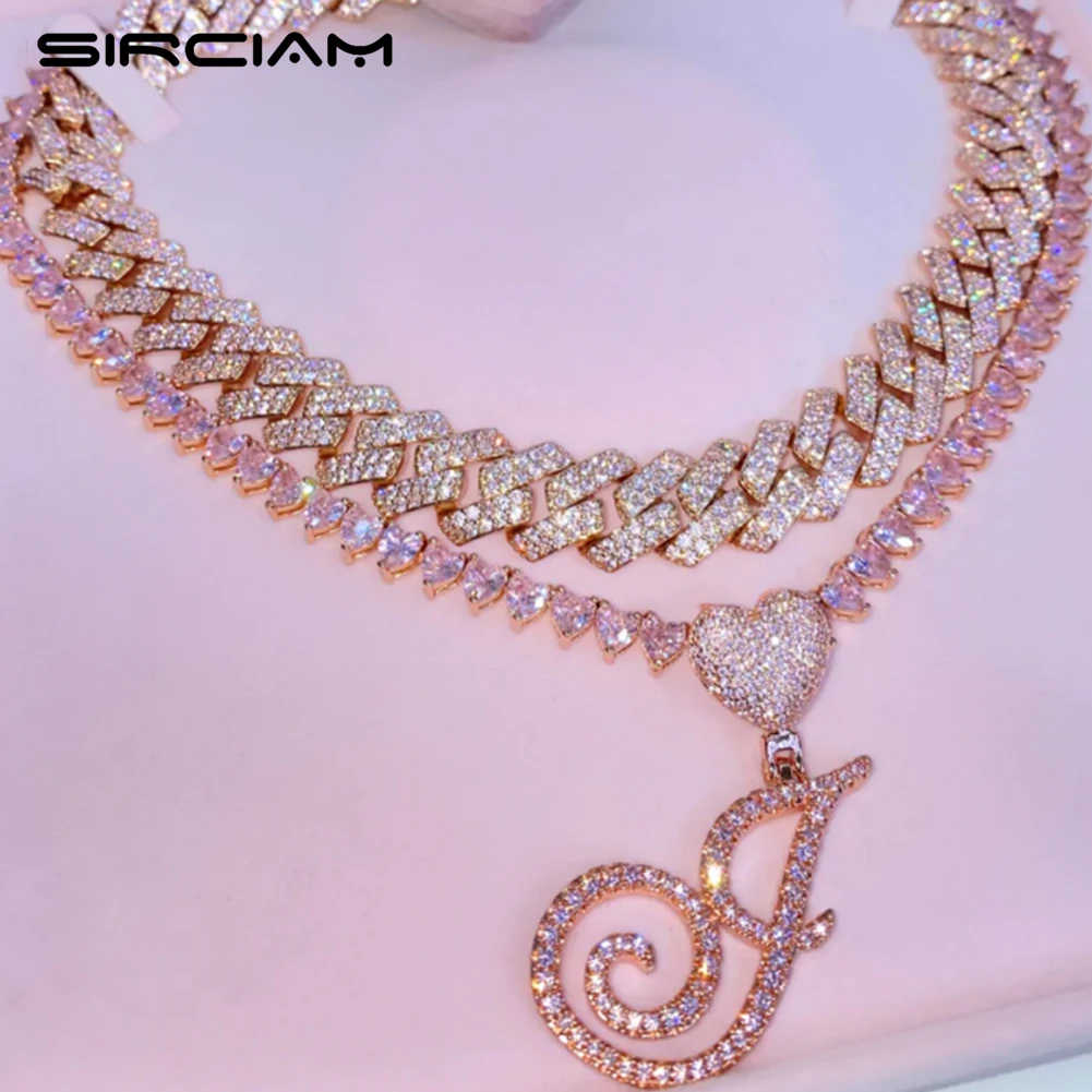 

Bling Pink Heart Tennis Chain Cursive Initial Pendant Necklace For Women Iced Out Crystal Letter Name Link Chain Necklace Jewely