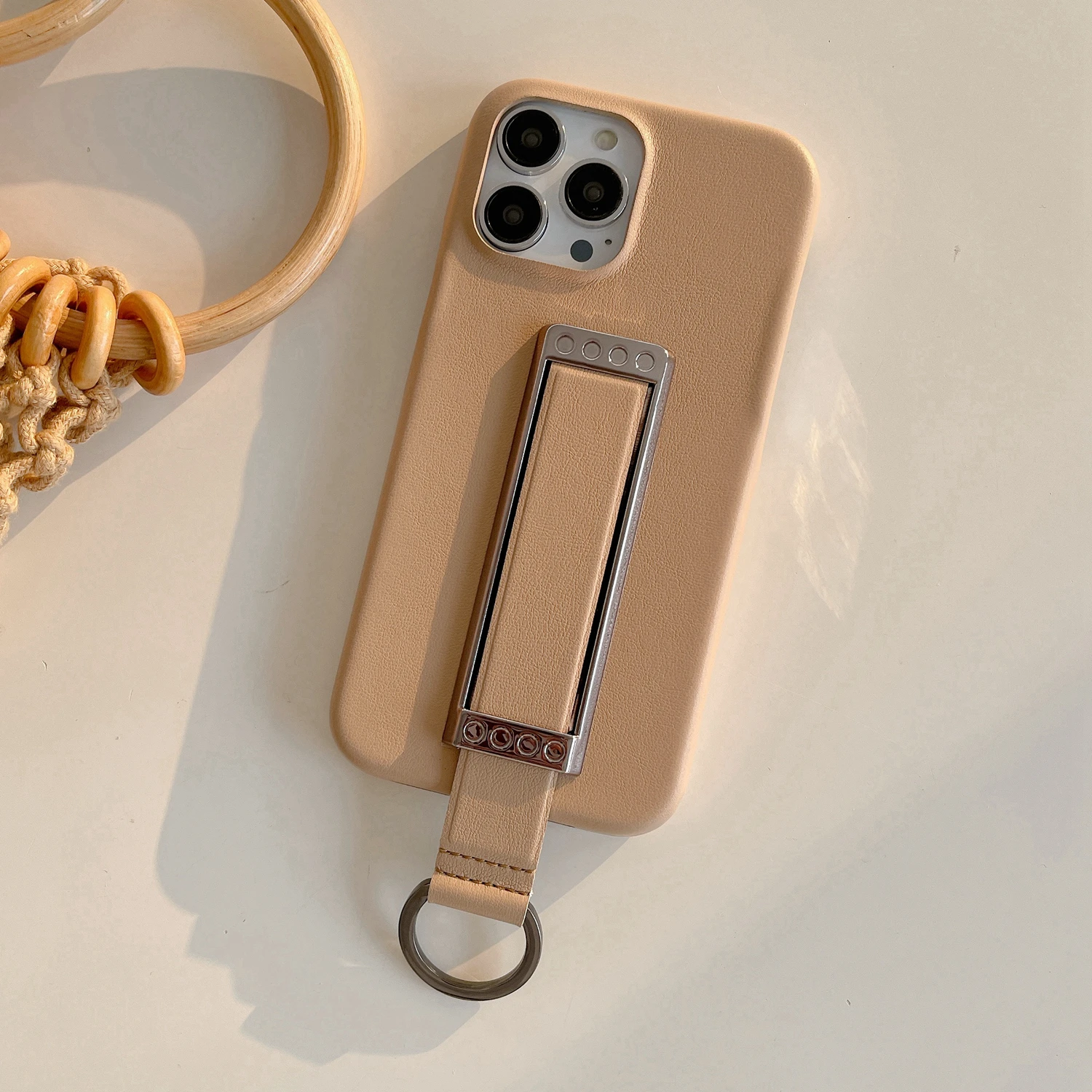 

Luxury Leather Hand Wrist Band Holder Khaki Phone Case For iPhone 14 13 12 11 Pro Xs MAX X XR 7 8 Plus Shockproof Soft Cover