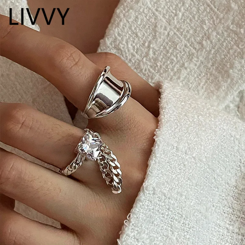 

LIVVY Silver Color Sparkling Zircons Chain Tassel Rings for Women Couples New Trendy Elegant Party Jewelry Wedding Accessories