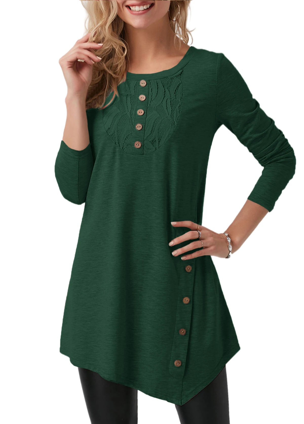 

Crew-Neck Decorative Button Long Sleeve Asymmetric Hem T Shirt Loose Fitting Tunic Solid Color Tops Blouse
