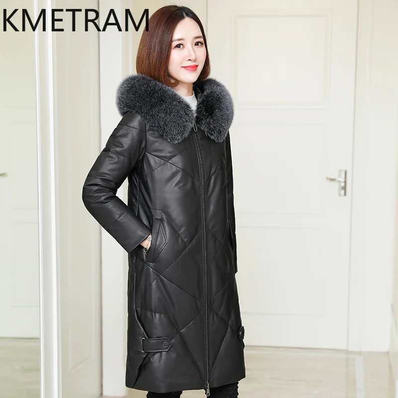 Женская куртка-пуховик из натуральной кожи белого гусиного пуха длинные