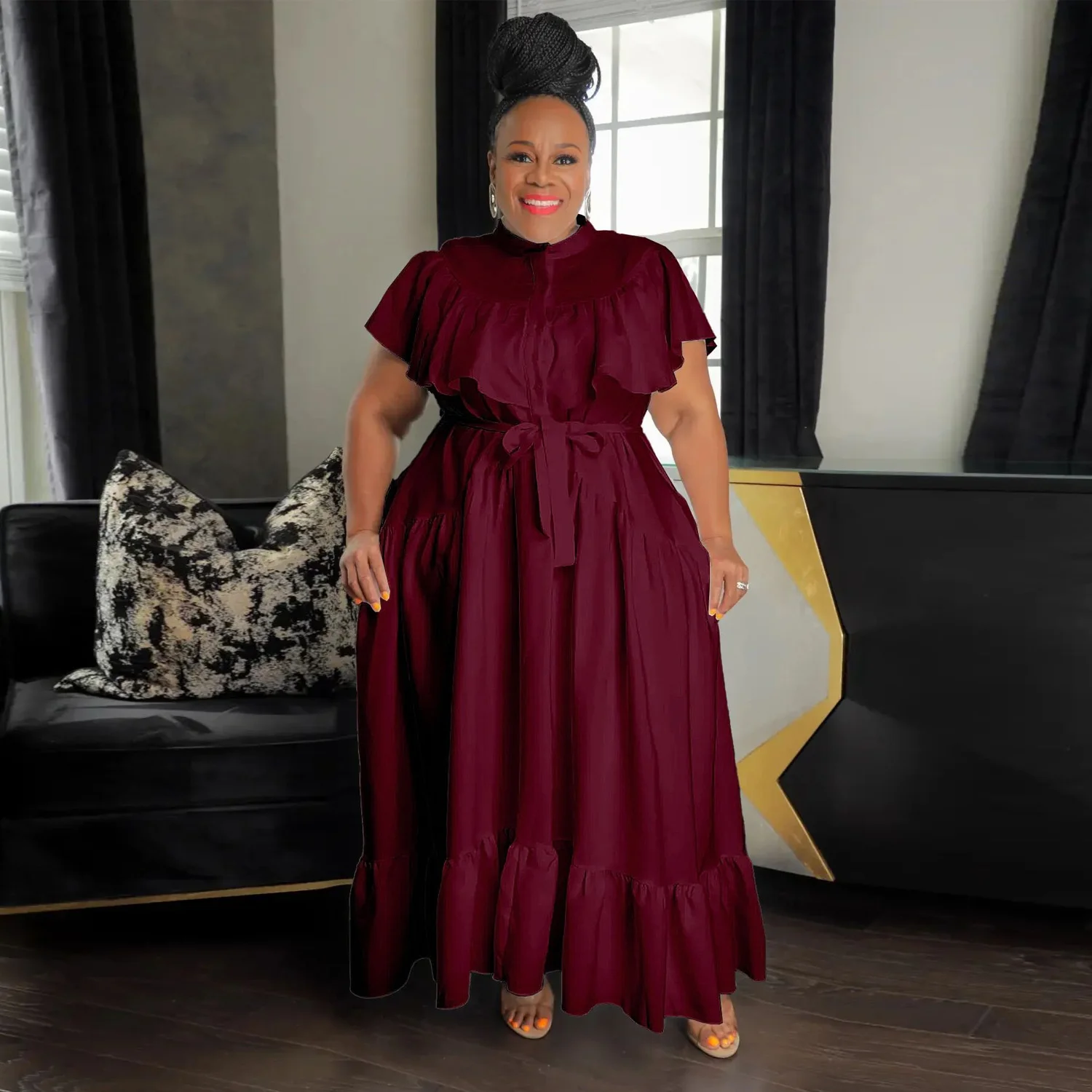 Plus Size Female Dresses Fashion Sexy Straps Button Pleated Dress Large Size Women Casual Solid Color Short Sleeve Loose Dress