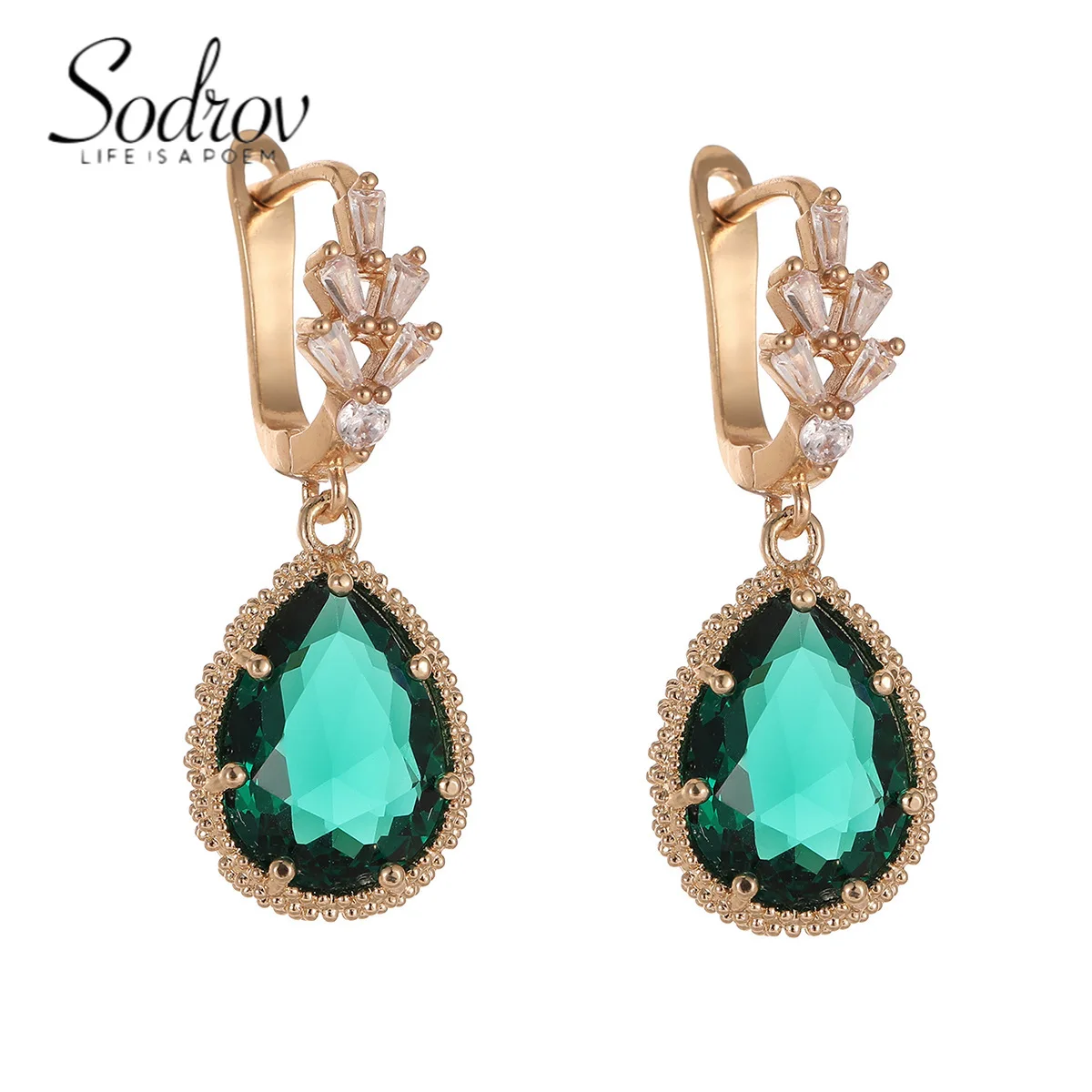 

SODROV Vintage Gold Plated Green Crystalzircon Jewelry Drop Earrings for Women Engagement Wedding Gift