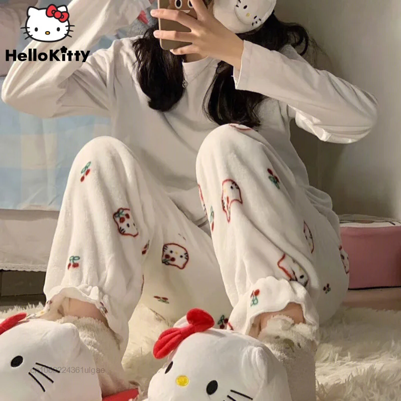 Sanrio Hello Kitty Pants Autumn Sleepwear Women Pajama Trousers Y2k Clothes Soft Sweet Home Pants Female New Warm Plush Trousers
