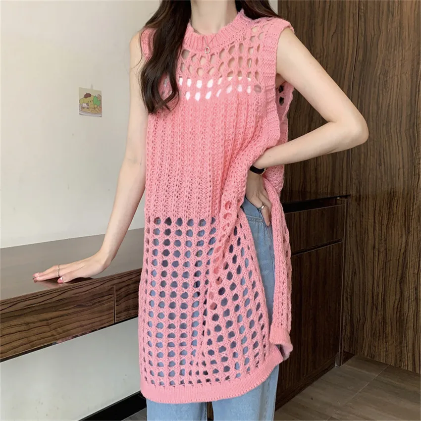 

Korean Fashion Designer Hollow Out Crochet Dress Women O-Neck High Split Knitted Sweater Vest Dress Vestido De Mujer