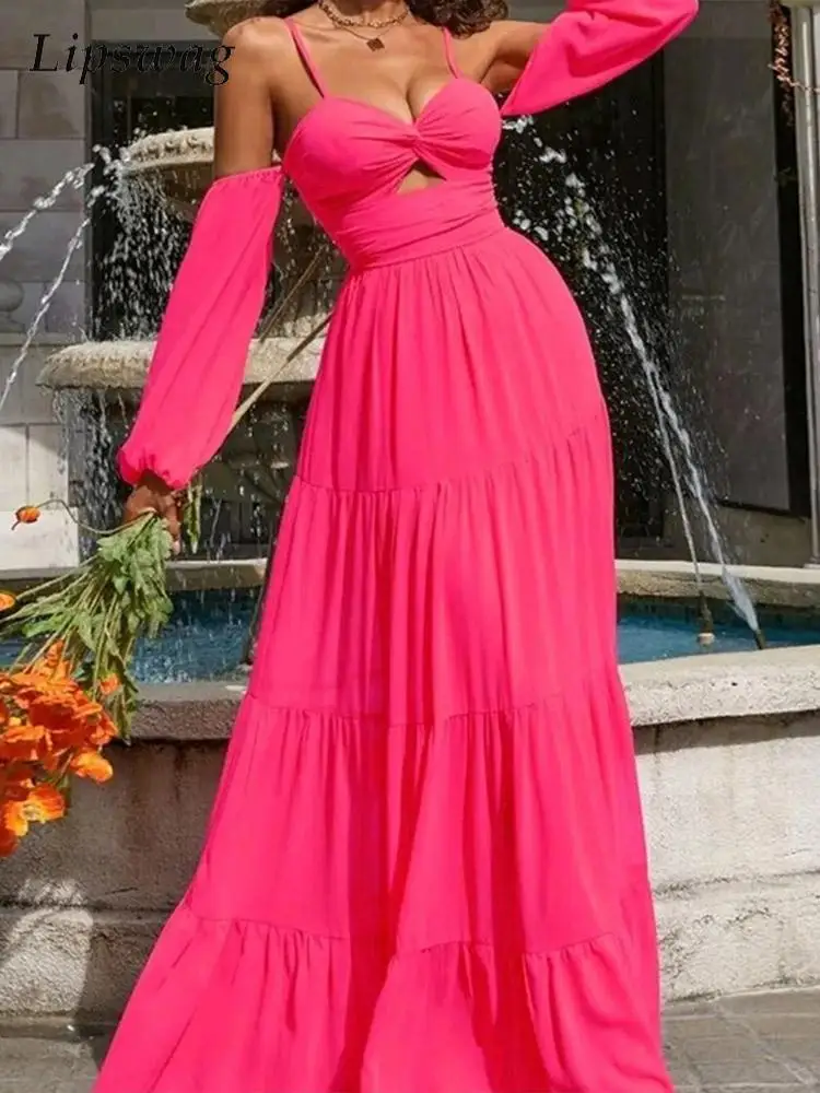 

2022 Fashion Waisted Solid Long Dress Sexy Sling Chest Wrap Off Shoulder Long Sleeves Dress Women Elegant Hollow Big Hem Dresses