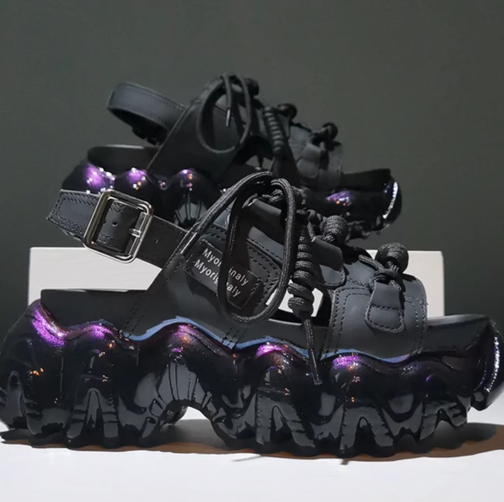 Koovan Women Sandals 2023 New Real Leather Increased Contrast Color Jelly Sponge Thick Bottom Leisure Shoes Sandals Female Girls