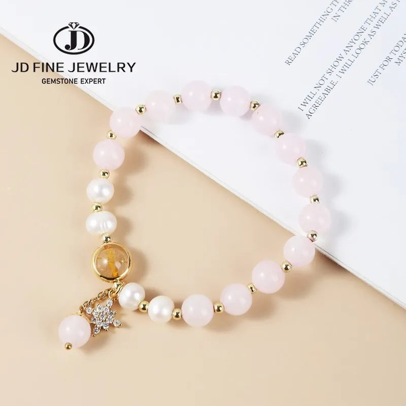 

JD Natural Pink Quartz Pearl Lucky Beads Bracelet Women Sweet Luxury Zircon Pendant Bracelets Girlfriend Summer Jewelry Gifts