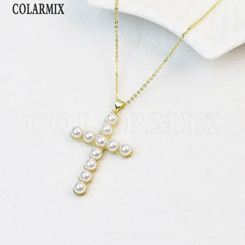 10 шт. классическое ожерелье с подвеской крест паве крошечные жемчужные бусины O-образные цепи прекрасный подарок для женщин 52816