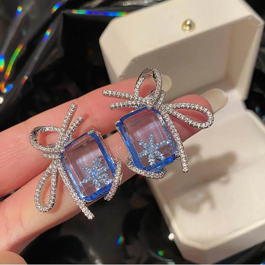 

Зима 2022, романтическая лента, ярко-голубые серьги с бантом Dreamstone для женщин, новые циркониевые серьги