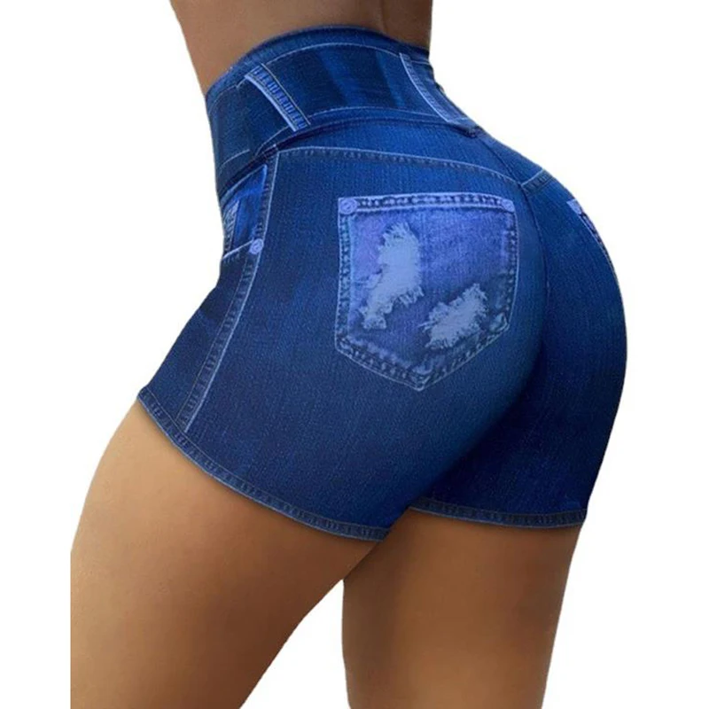 New Summer Fake Jean Booty Shorts Women Elastic Waist Sport Running Black Shorts Pantalones cortos de mujer Print Woman Clothing