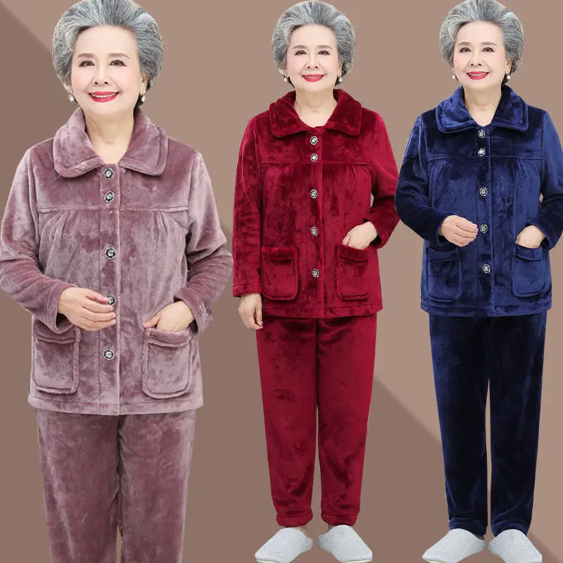 Elder Lady Women's Pajamas Flannel Loose Autumn Winter Coral Fleece  Middle-Aged Mother Grandma Fleece-Lined Homewear Suit