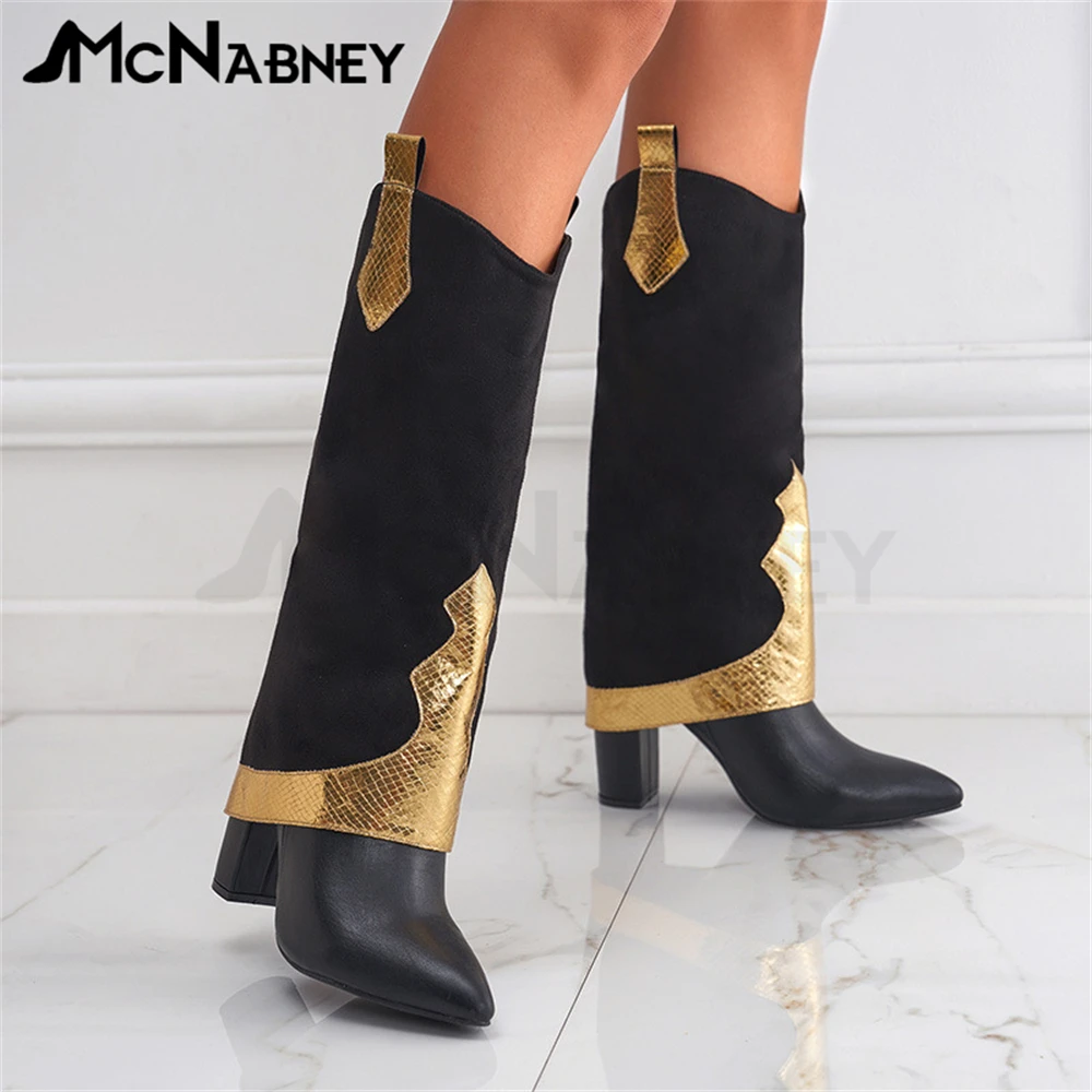 Novelty Chelsea Women Boots Knee Boots Retro Fashion Style Women Shoes Chunky Heels Round Toe High Heels Classics Boots Women