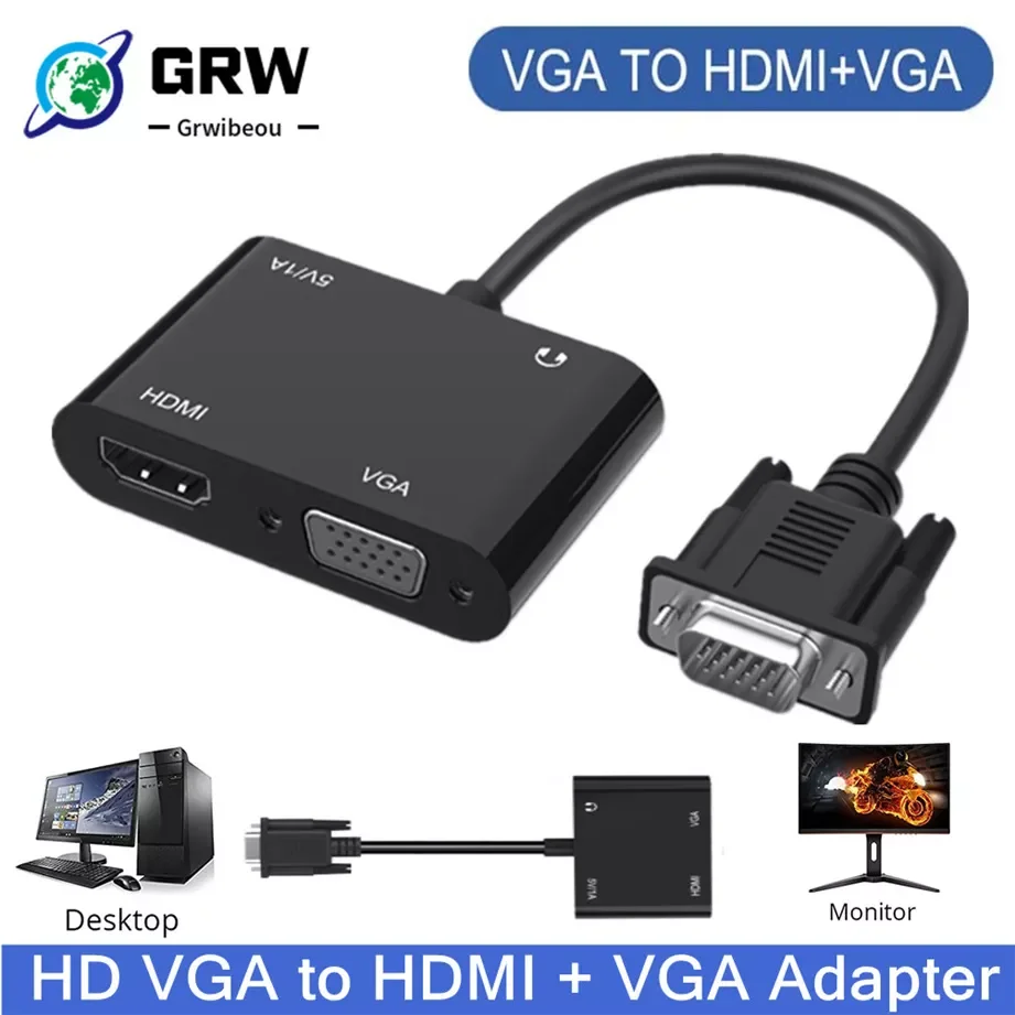 

NEW2023 VGA to HDMI VGA adapter, 1080P VGA splitter 1 in 2 output for computers desktops laptops computers monitors projectors