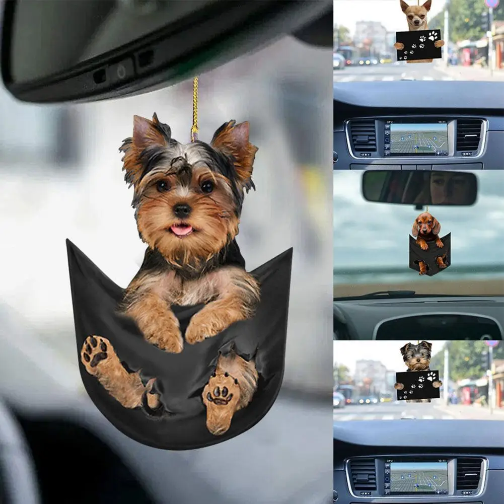 

2D Flat Funny Car Hanging Pendant Arcylic Cute Pocket Dog Key Backpack Car Rearview Mirror Hanging Ornament Interior Accessories