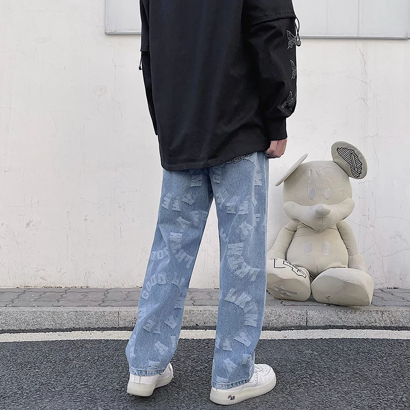 New Spring and Summer Jeans Blue Men's Loose Straight Pants  Street Clothes Loose Denim Clothes Pattern Street Clothes Oversize
