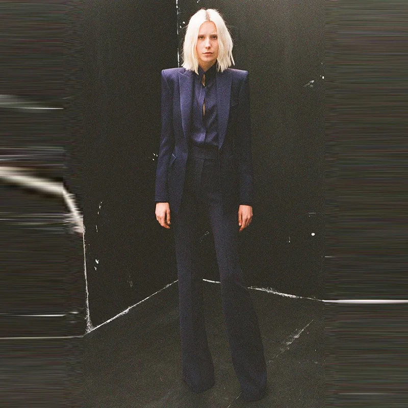 

S-XXL высококачественное новое модное однотонное приталенное пальто с воротником-поло с длинным рукавом микро расклешенные брюки женский комплект