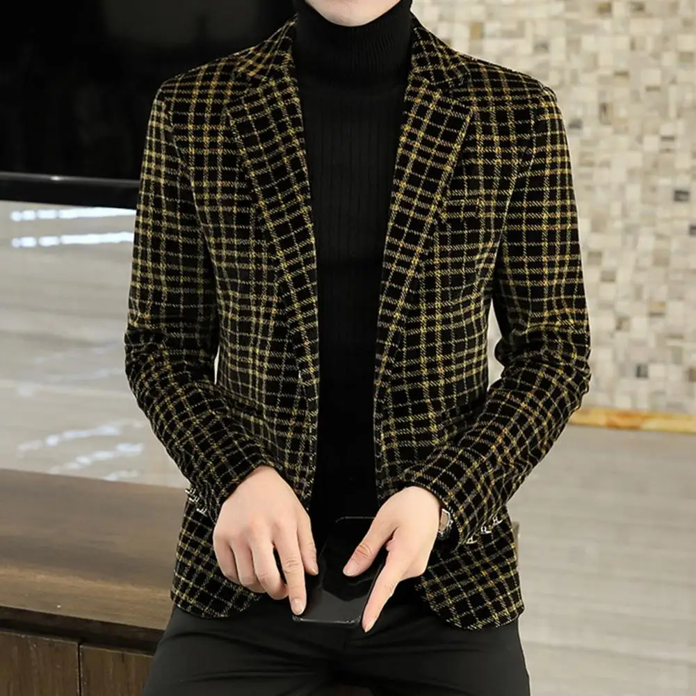 

Suit Coat Turndown Collar Temperament Fine Stitching Checkered Single Button Blazer Suit Top for Daily Wear