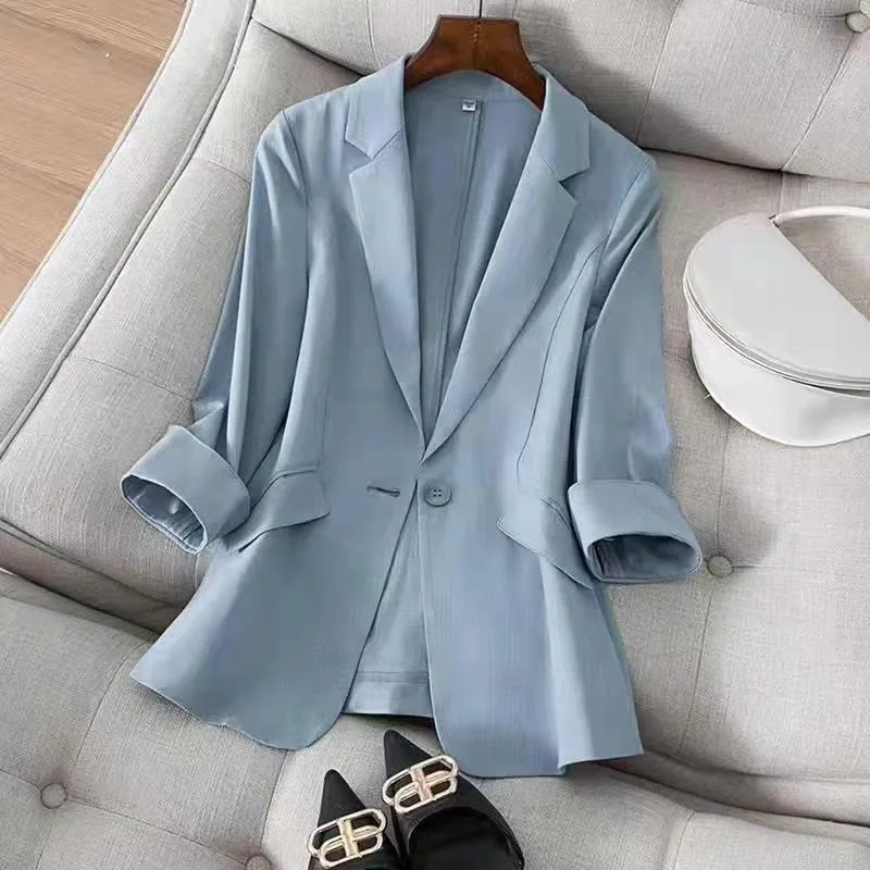 Summer Blazer Woman 3/4 Sleeve Korean Fashion Female Clothing Suit Collar Casual Loose Solid Color Stitching  Houthion