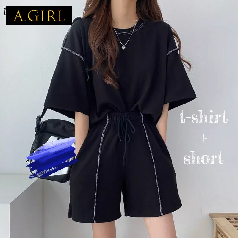 

A GIRLS Women Sets Summer Stylish Simple Street Wear Unisex 2 Pieces Loose T-shirt Short Patchwork All-match Young M-3xl Ins