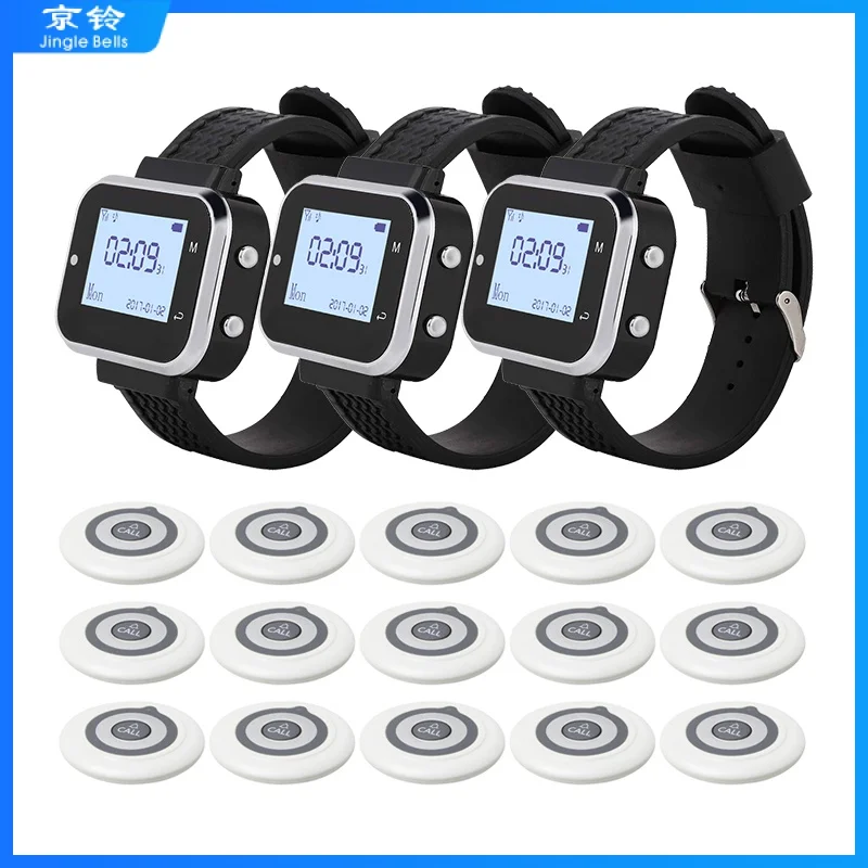 

Wireless Calling System 3 Black Wristwatch Receiver +12 Button Transmitter Long Range For Restaurant Cafe