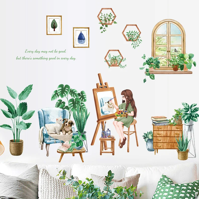 

Painting Girl Ins Style Wall Paper Tropical Natual Green Plant Wall Sticker Potted Lovely Cat Dog Bedroom Home Wall Decoration