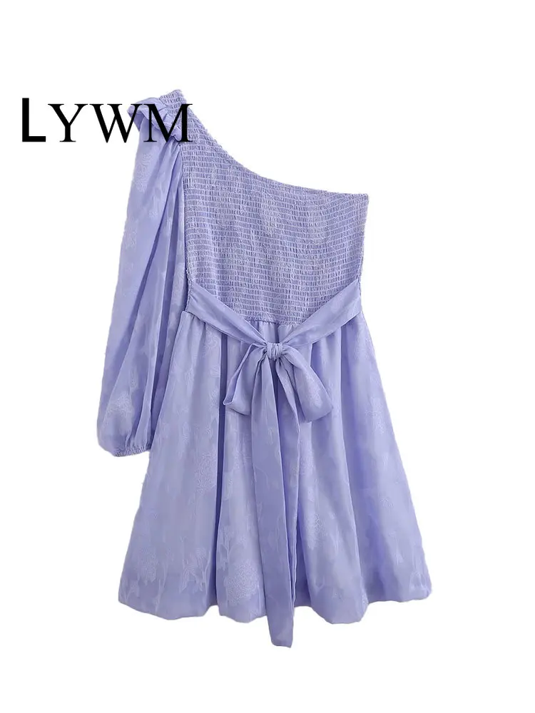 

LYWM Women Fashion Purple Jacquard Mini Dress Vintage One Shoulder Front Lace-up Female Chic Lady Lantern Dresses