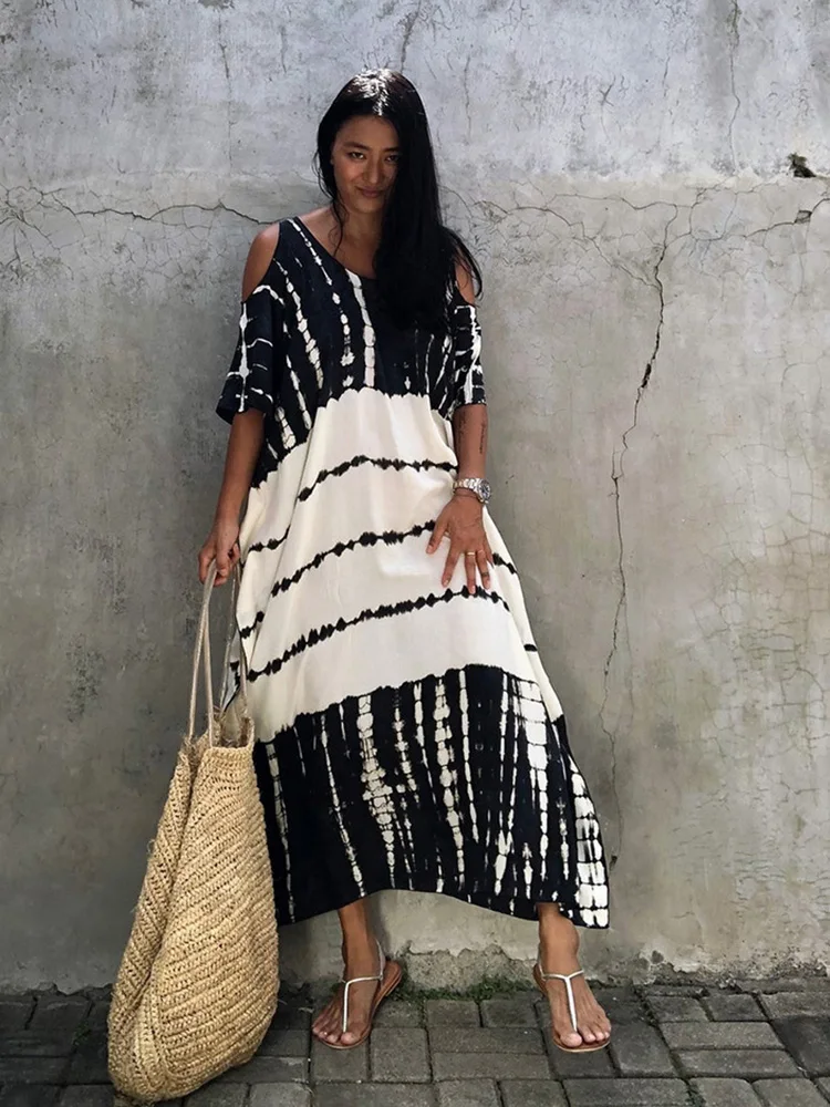 

JXMYY Open Shoulder Summer Long Dress Bohemian Vintage Halo Dyeing Robe Oversized Kaftan Holiday Fashion Sexy Pareos New