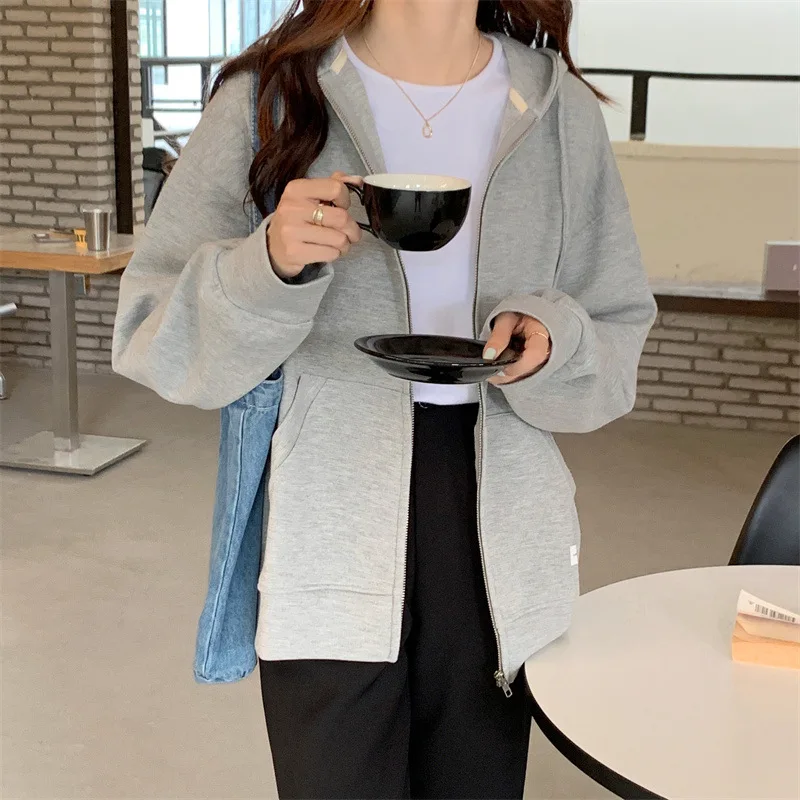 

Autumn Chic Zip-up Hoodies Female Casual Street Loose Thin Blue Gray Apricot Sweatshirt Pocket Hooded Women Cardigans