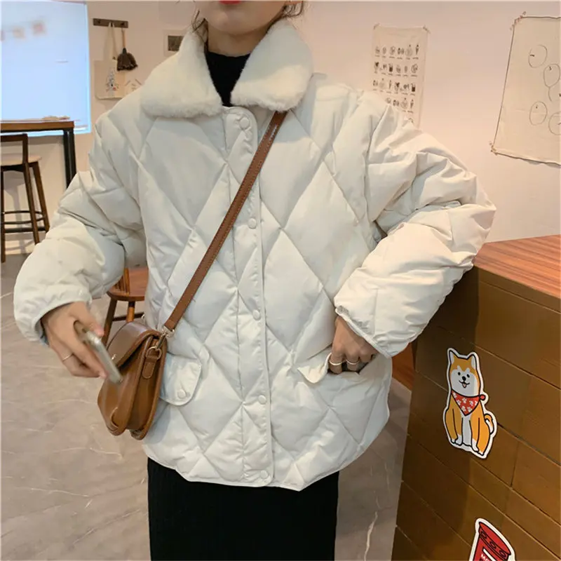 2021 Diamonds Women Thick Warm Loose Jacket Fur Collar Casual Fashion Womens Winter Cotton Coat Outerwear Feminina New Parkas