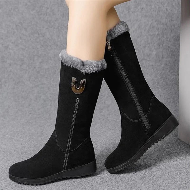 High Boots Women Warm Plush Suede Ladies Long Boots Comfortable Winter Female Wedge Cotton Shoes Mid-calf Fur Zapatos Mujer 2022