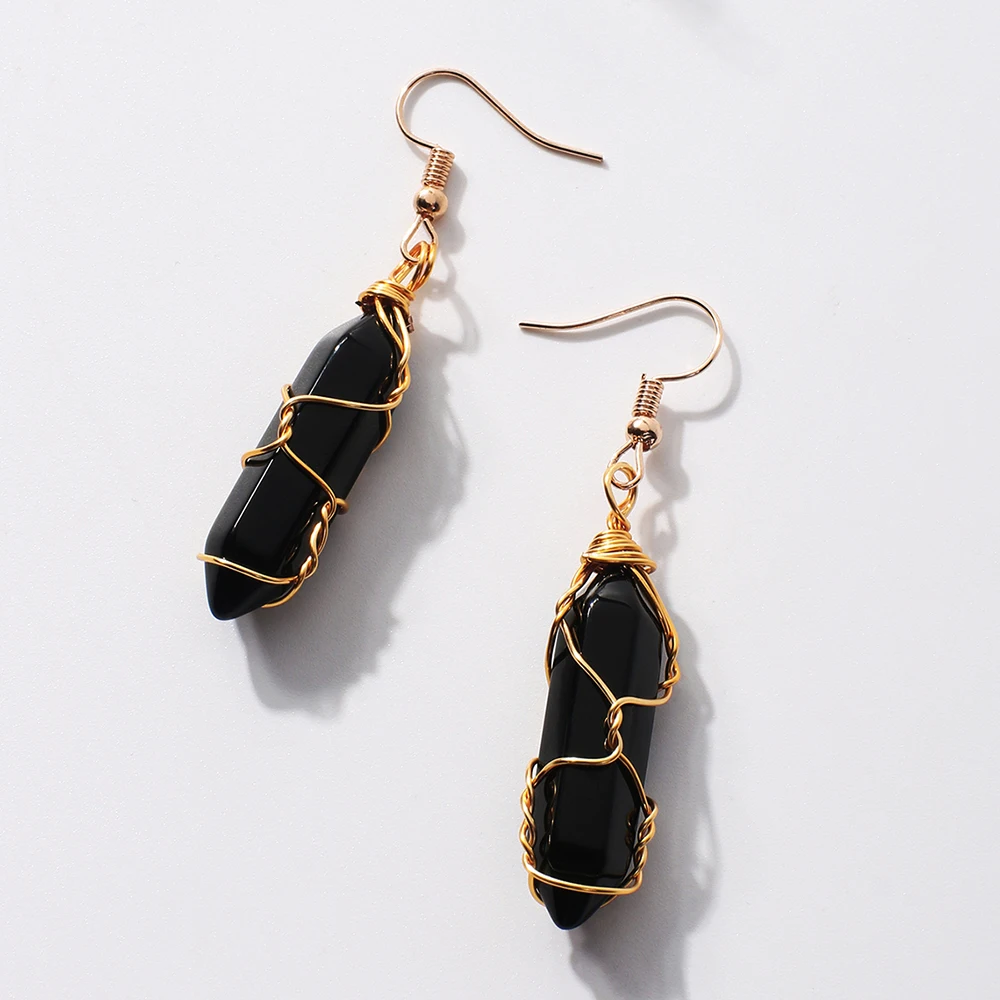 

Artilady Hexagonal Crystal Earrings for Women Stone Earings Wire Wrapped Obsidian Clear Quartz Drop Earring Reiki Healing Jewelr