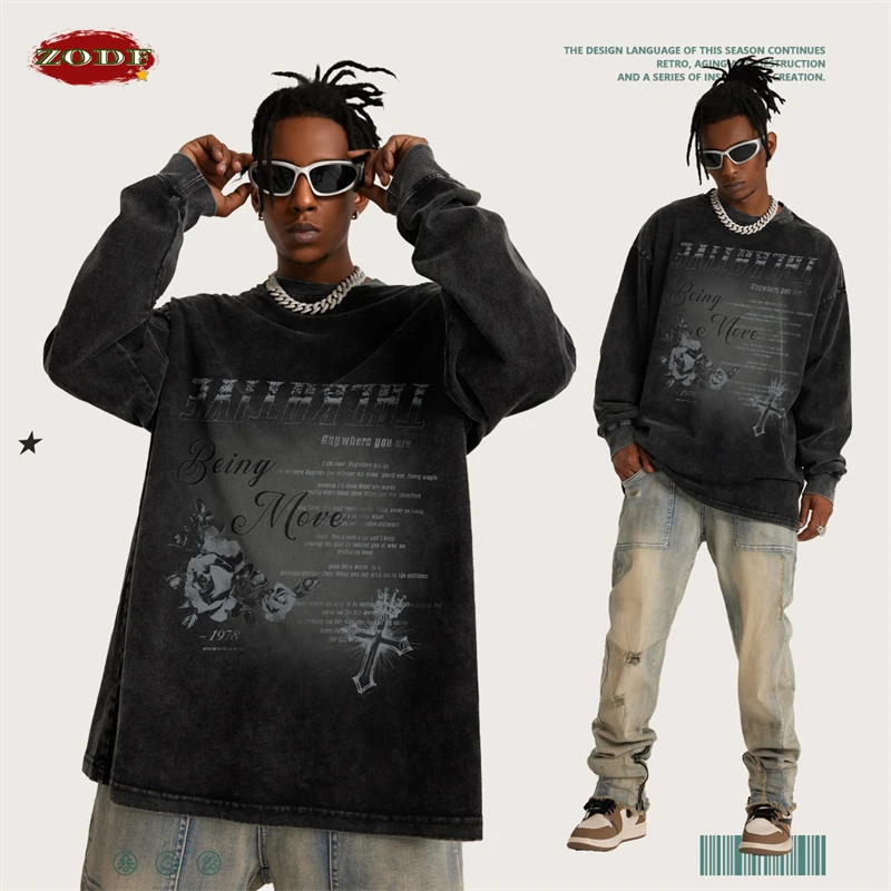 

ZODF Retro 2022 Men High Street 260gsm Cotton T-Shirts Streetwear Unisex Oversized Rose Printing Full Sleeve T Shirt Tops HY0454