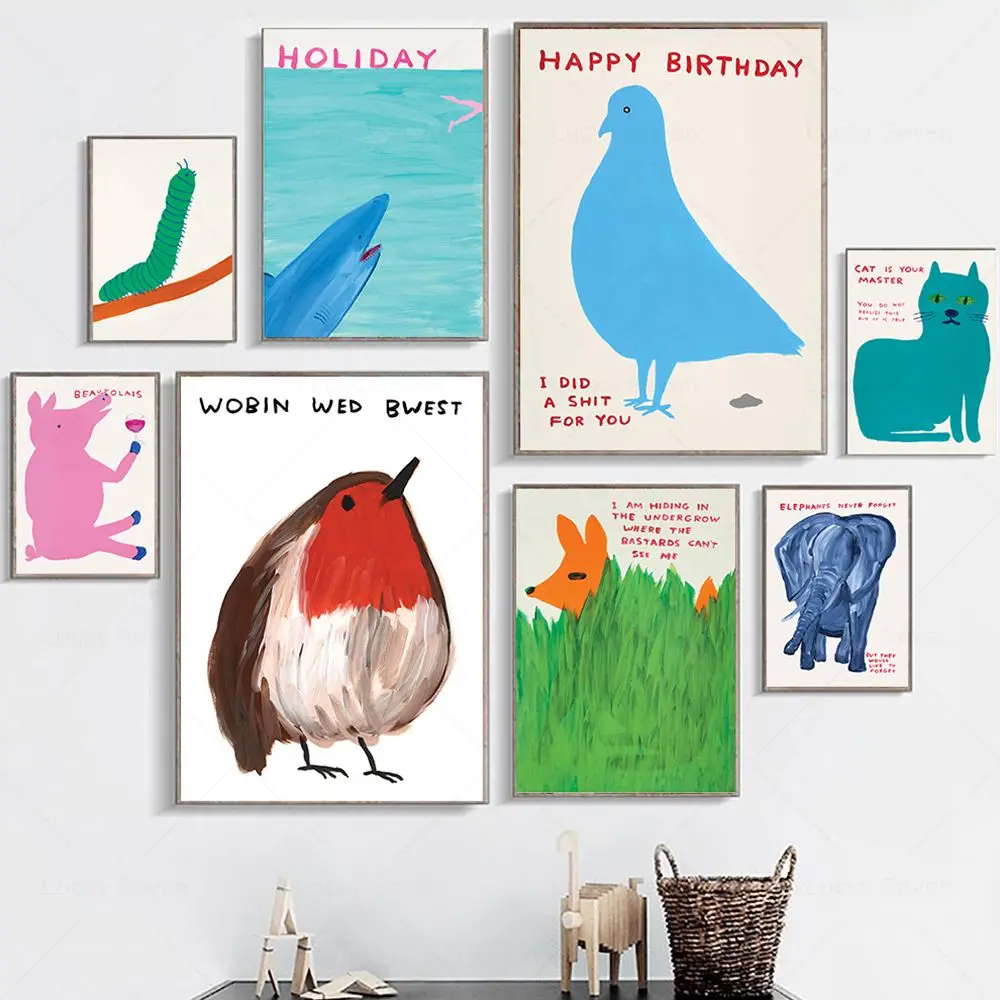 

David Shrigley Bird Rabbit Cat Wine Horse Wall Art Prints Canvas Painting Nordic Poster Wall Pictures For Living Room Decor Gift