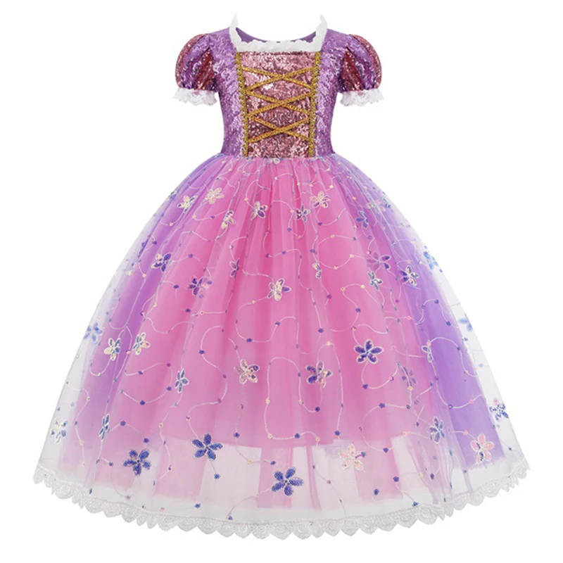 Disney Girls Rapunzel Dress Princess Cosplay Costume Kids Fancy Sequins Purple Luxury Tangled Dresses Halloween Party Ball Gown