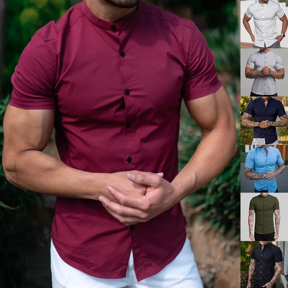 

Рубашка мужская с воротником-стойкой, хлопковая дышащая удобная сорочка из конопли, топ с короткими рукавами, лето 2023
