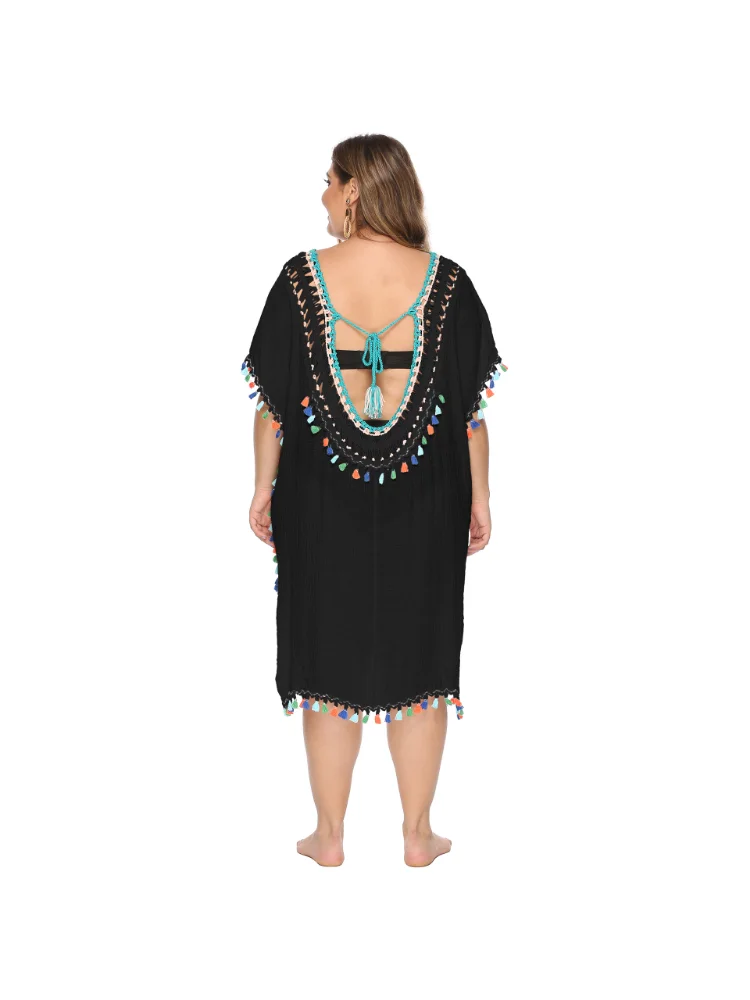 Women's Irregular Hand Hook Spliced Colorful Tassels Deep V Sexy Loose plus size Beach Cover Up Open Back Skirt