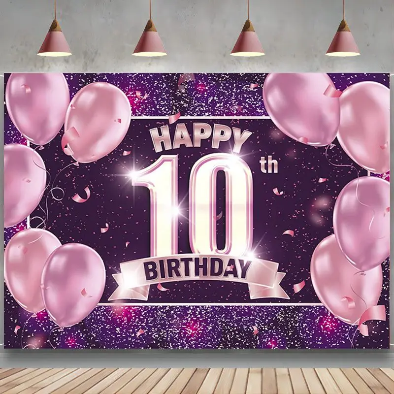 

Фон для вечеринки в честь 10-го дня рождения, розовый и фиолетовый фон на 10 лет, баннер, реквизит для фотобудки, вечеринки, торта, стола, декор с...